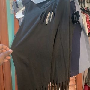 Black Fringe Tee & Sporty Blue & Gray Shorts